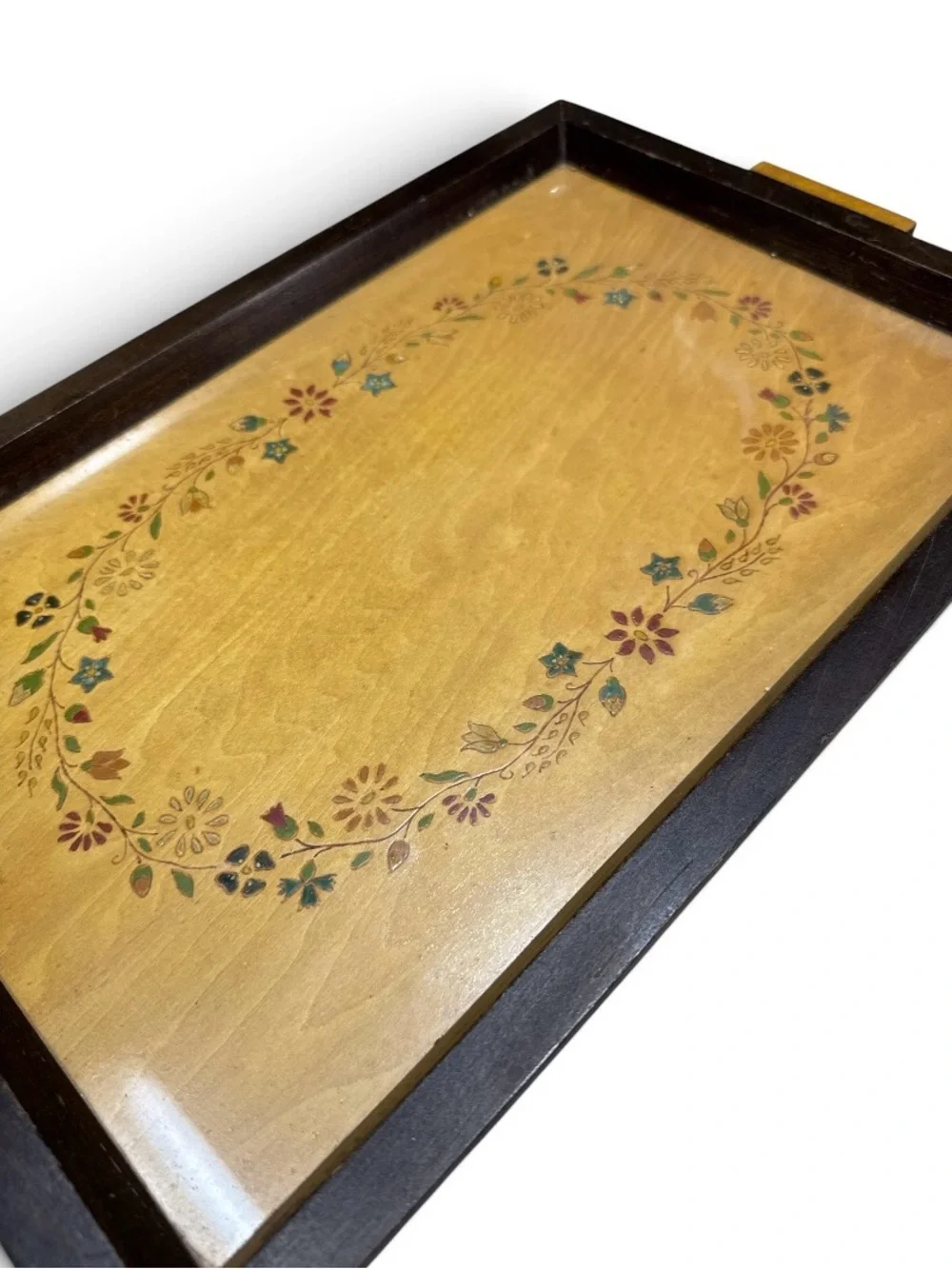 Vintage 1941 Handmade Wooden Serving Tray Floral Inlay Folk Art Rectangular